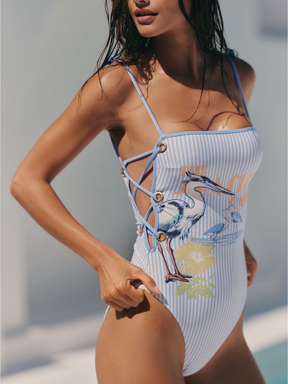 Anthropologie Light Blue Striped One-Piece Swimsuit with Heron Motif